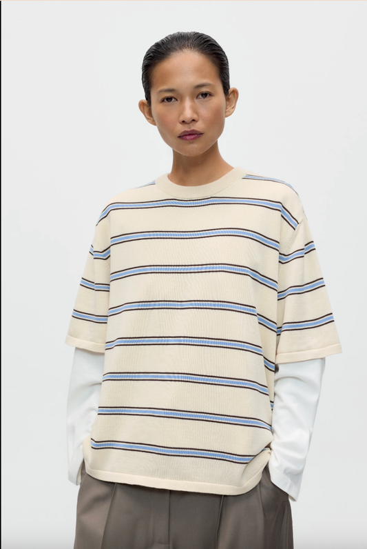 Organic Cotton Striped T-Shirt, Ecru/Baby Blue