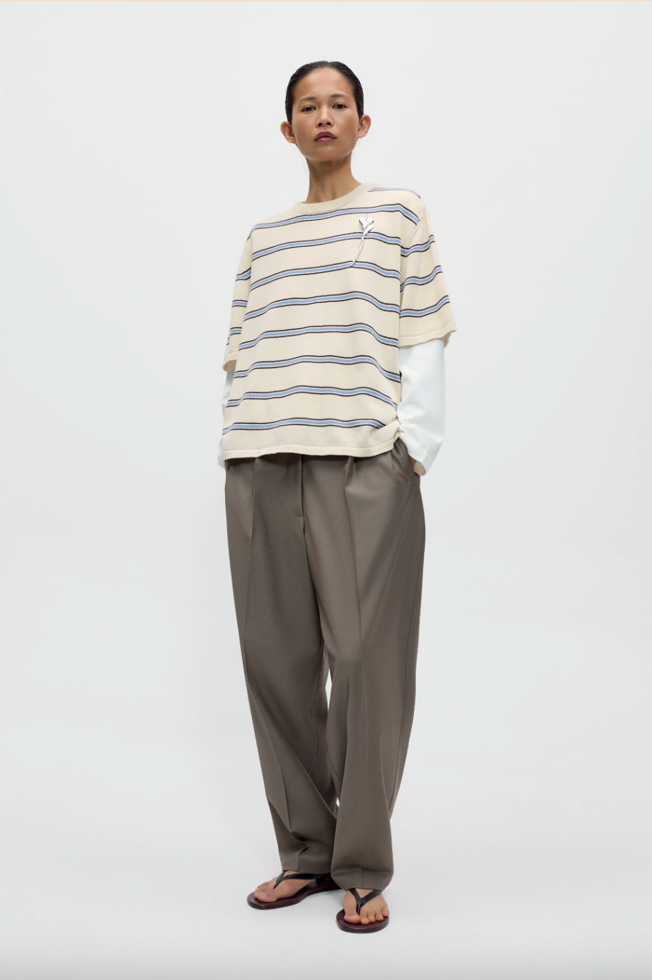 Organic Cotton Striped T-Shirt, Ecru/Baby Blue