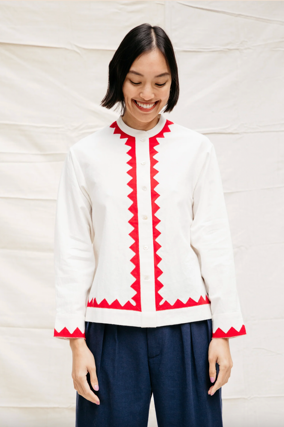 Nikki Chasin Alpha Buttondown Zig Zag Applique - Ivory/Poppy