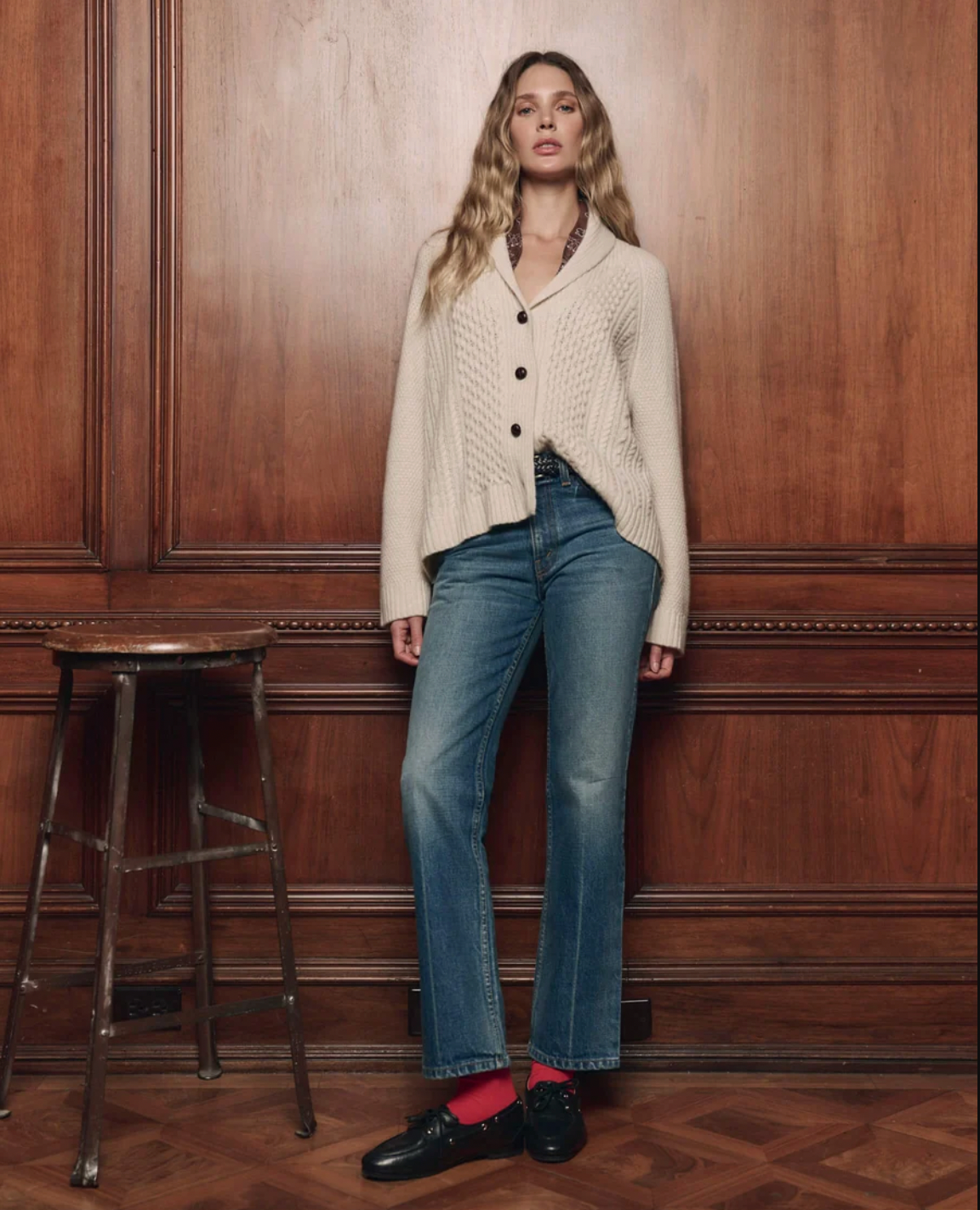 Cashmere Cable Lodge Cardigan, Cream