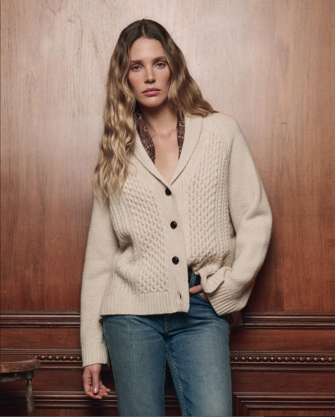 Cashmere Cable Lodge Cardigan, Cream