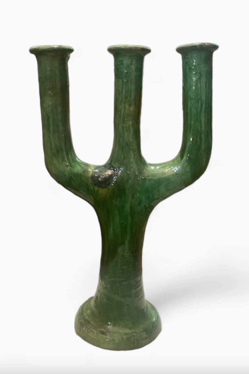 Moroccan Green Tamegroute Large 3-Branch Candlestick Holder