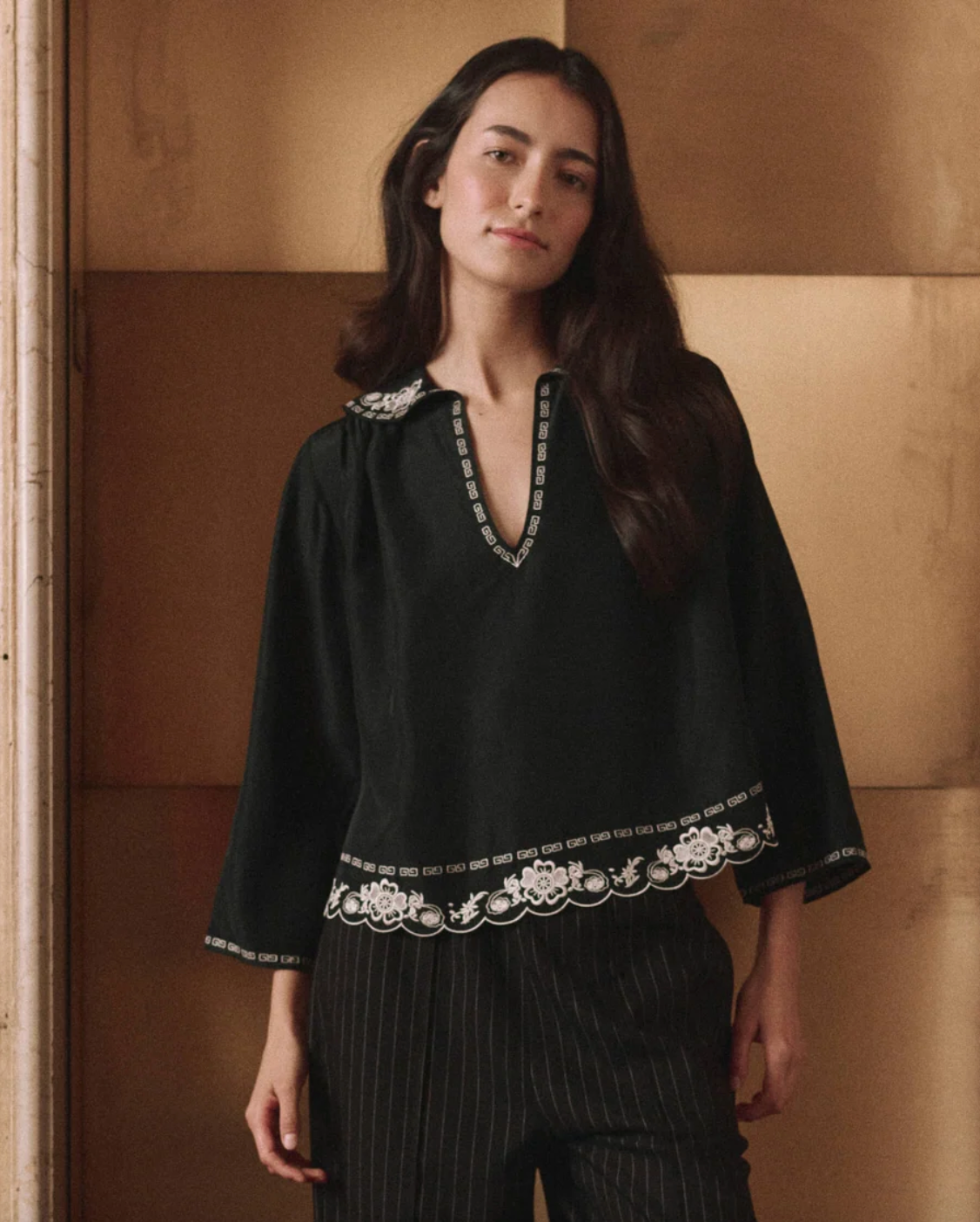 Embroidered Floral Peter Pan Collar Top