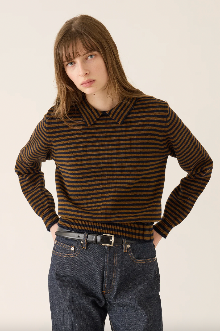 Nadia Stripe Polo Sweater, Navy / Caramel