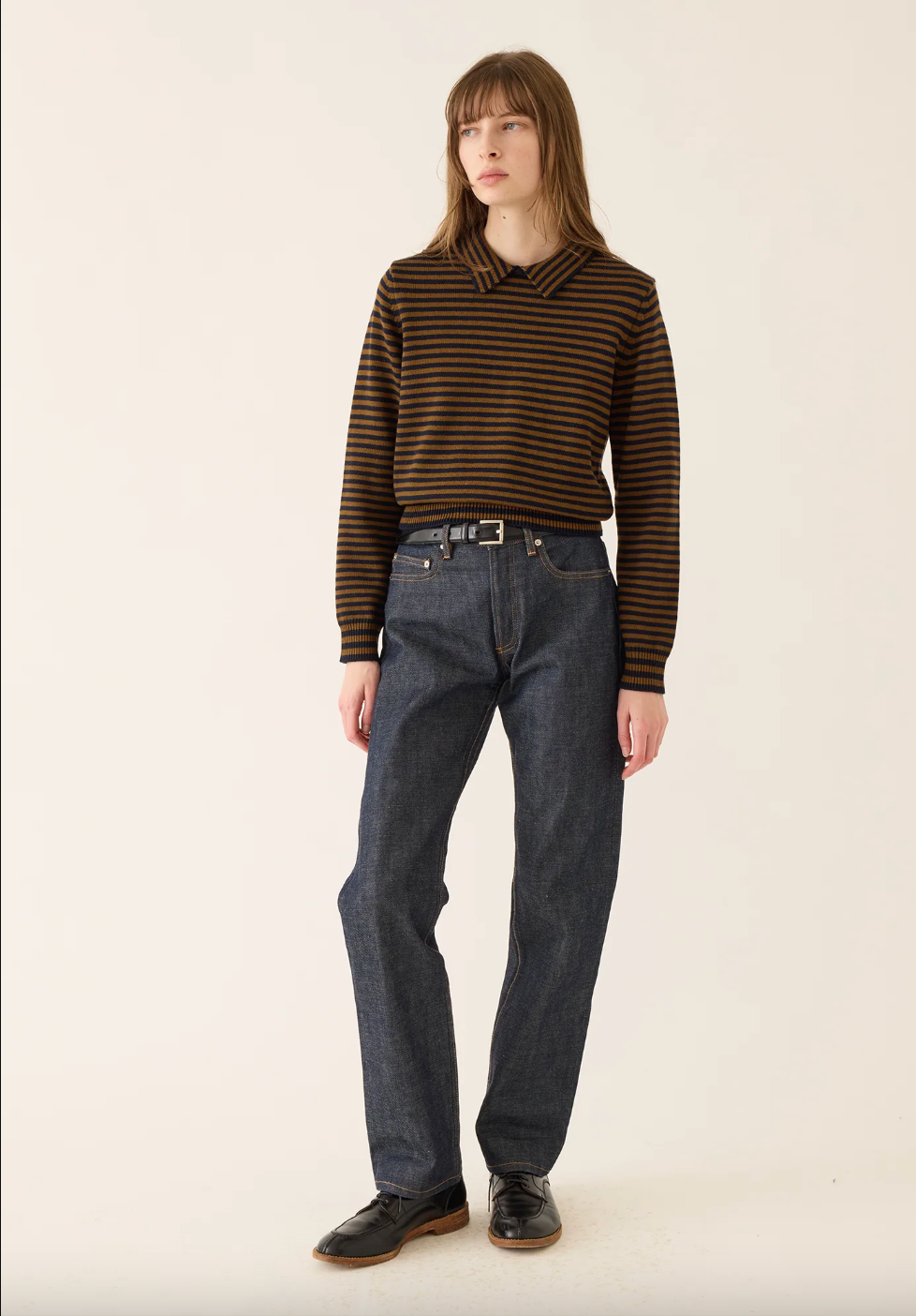 Nadia Stripe Polo Sweater, Navy / Caramel