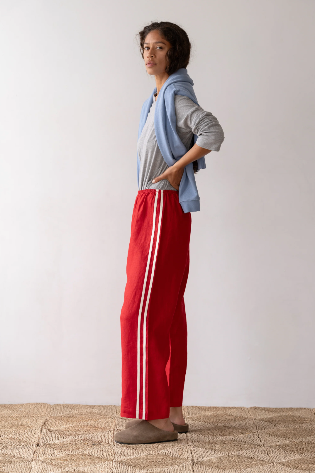 Linen Stripe Crop Racer Pant, Bell Pepper