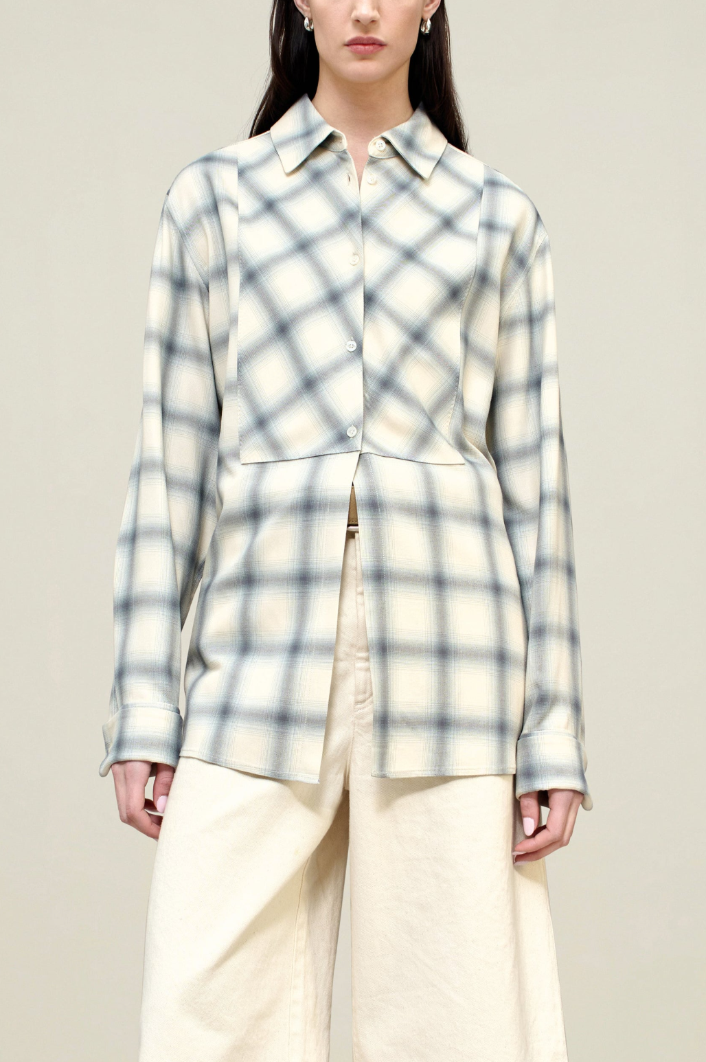 Chloe Bid Button Down, Ivory/Grey Plaid