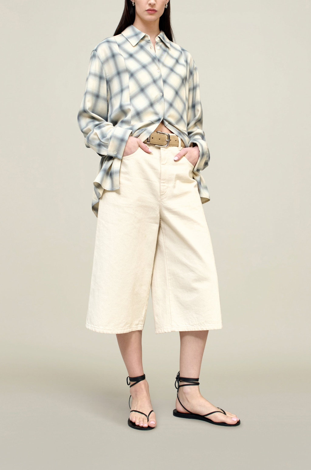 Chloe Bid Button Down, Ivory/Grey Plaid