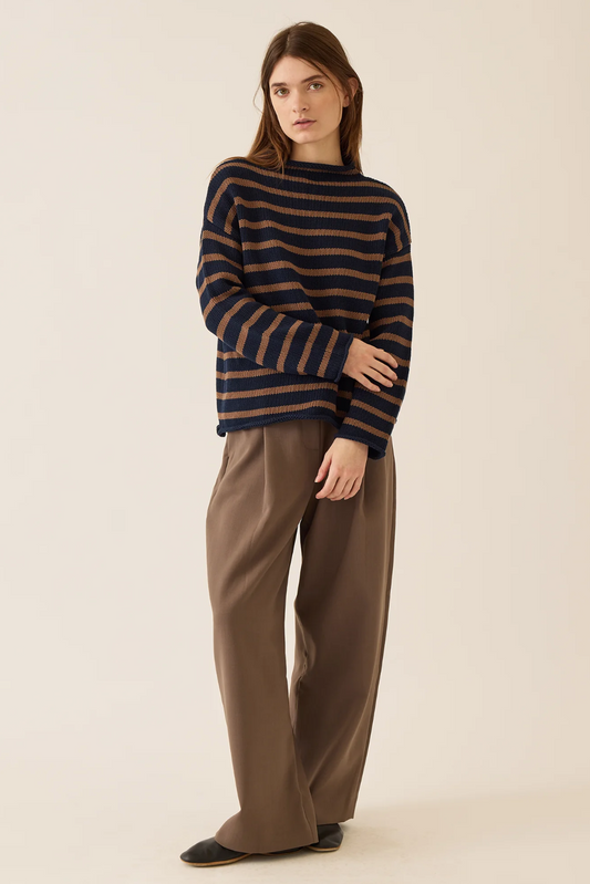 Lamis Stripe Cotton Sweater, Navy & Mocha