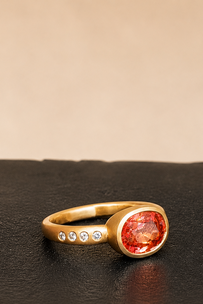 A gold ring featuring a large oval orange-red gemstone and a row of small clear stones on the band, resting on a dark textured surface against a warm beige background.