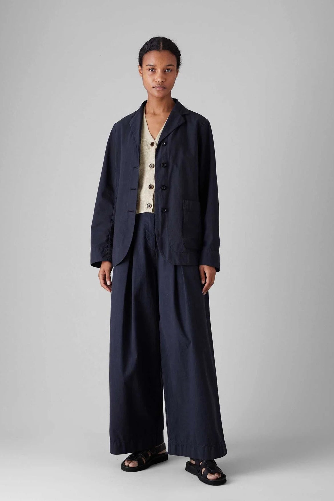Belted Cotton Wide Leg Trouser, Raven Blue