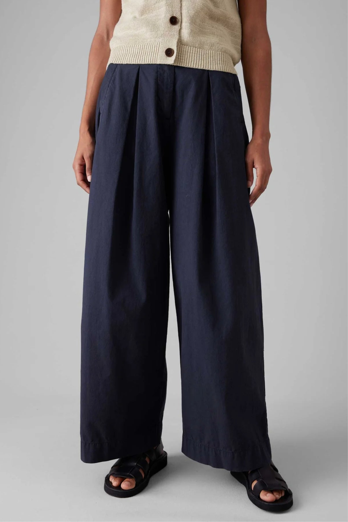 Belted Cotton Wide Leg Trouser, Raven Blue