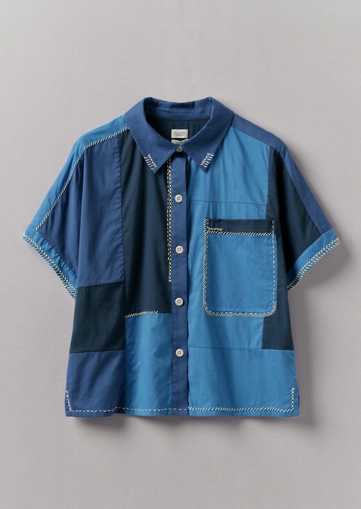 Hand Embroidered Cotton Patchwork Shirt, Mixed Blues