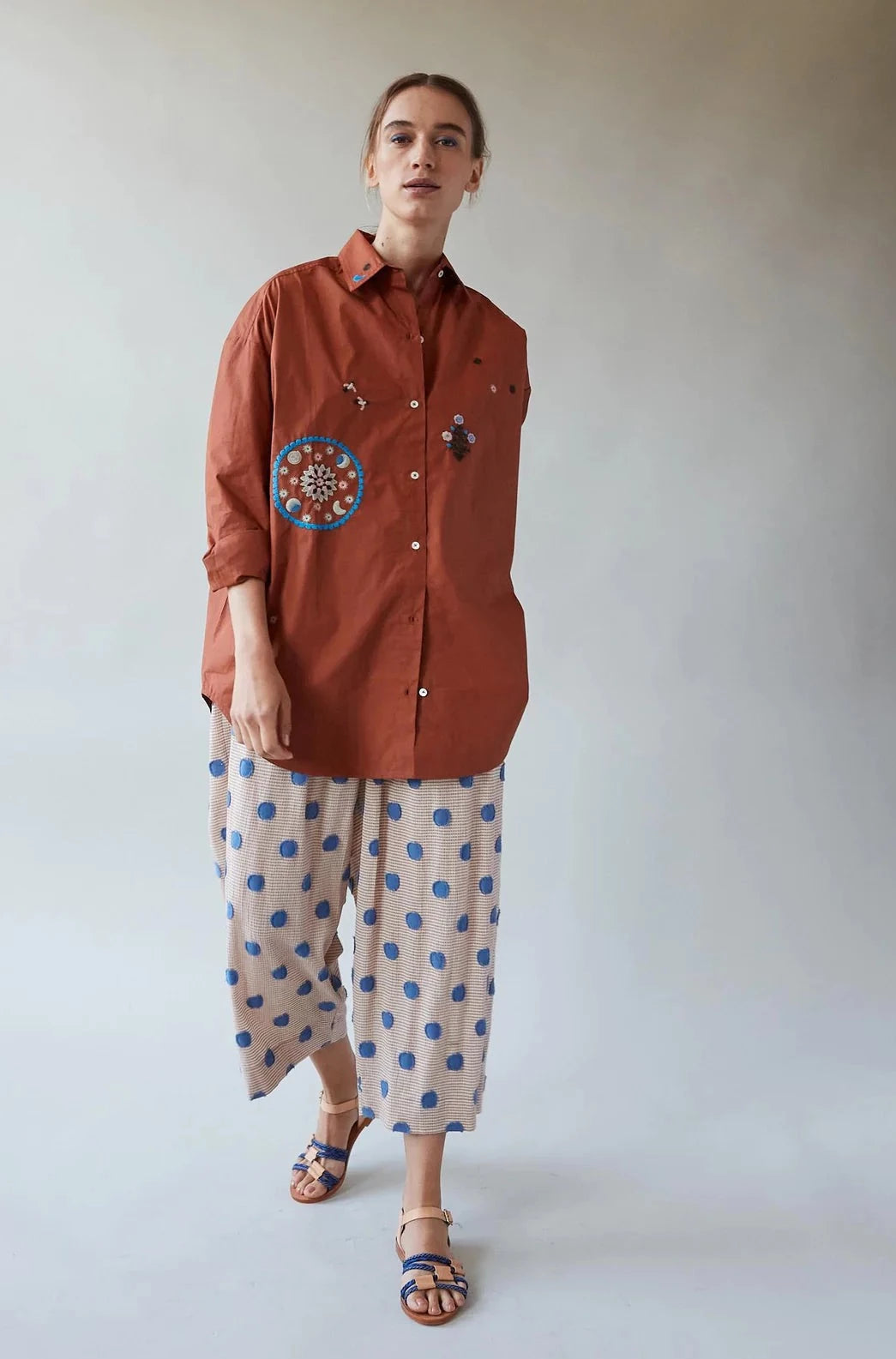 Francine Shirt with Storybook Embroidery, Terra Cotta Poplin