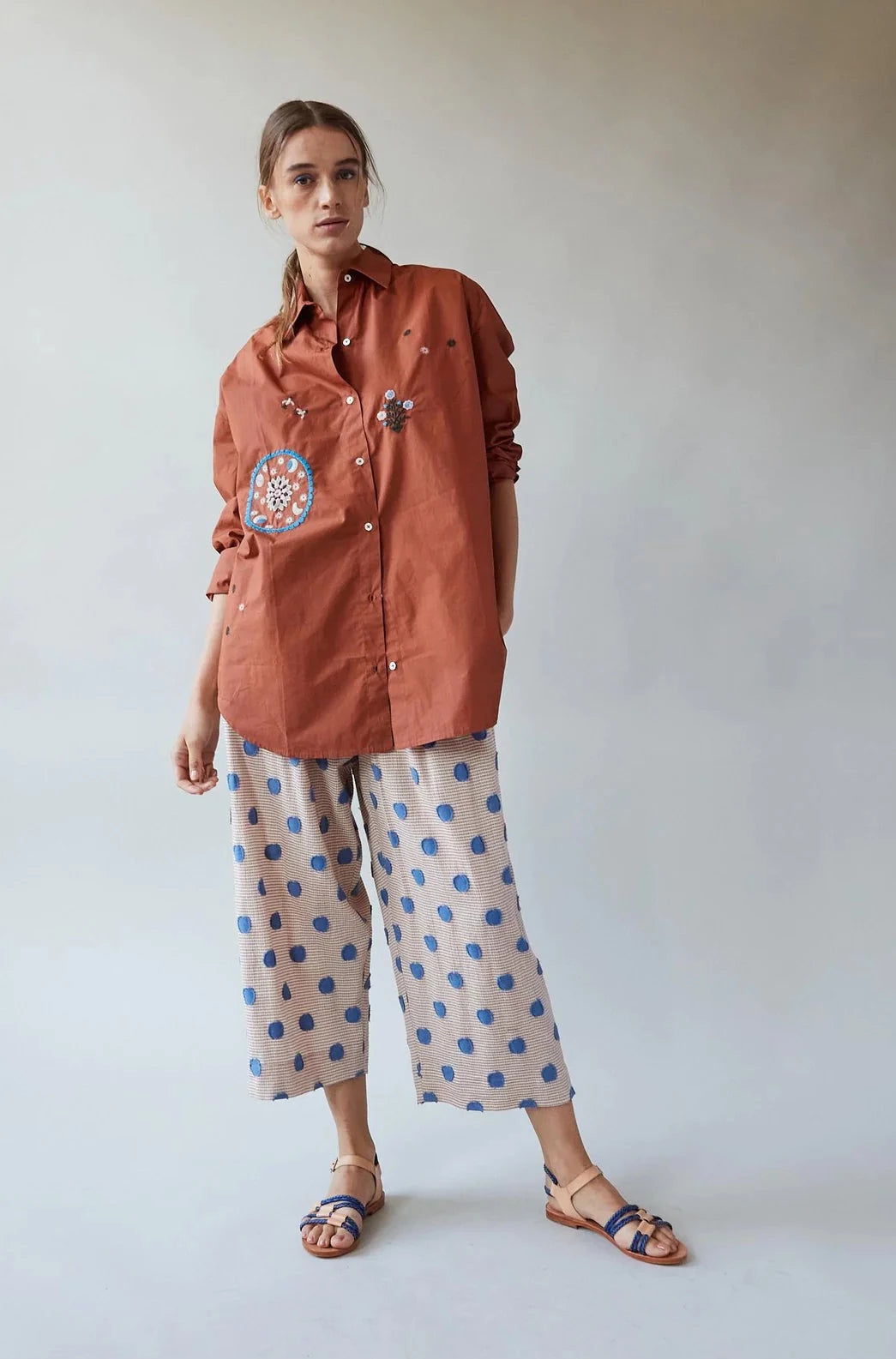 Francine Shirt with Storybook Embroidery, Terra Cotta Poplin