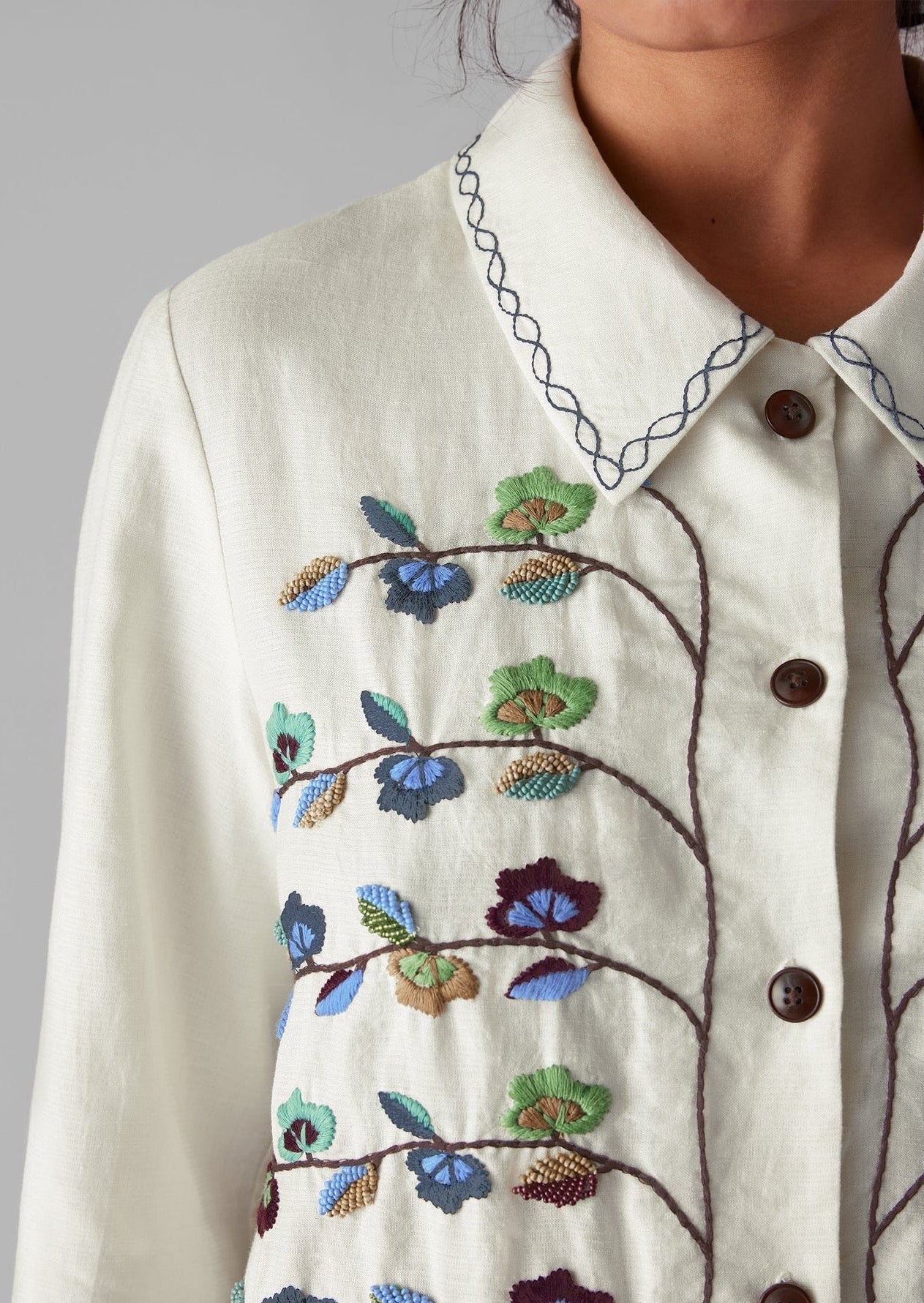 Trailing Flower Hand Embroidered Shirt, Ecru
