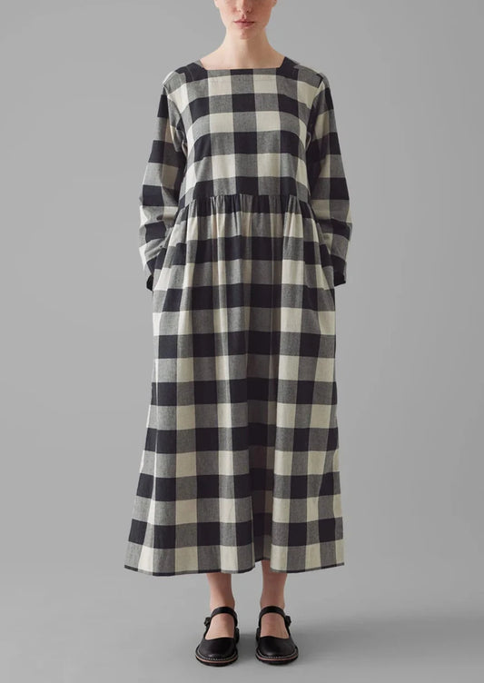 Macro Gingham Cotton Cashmere Dress, Onyx/Ecru
