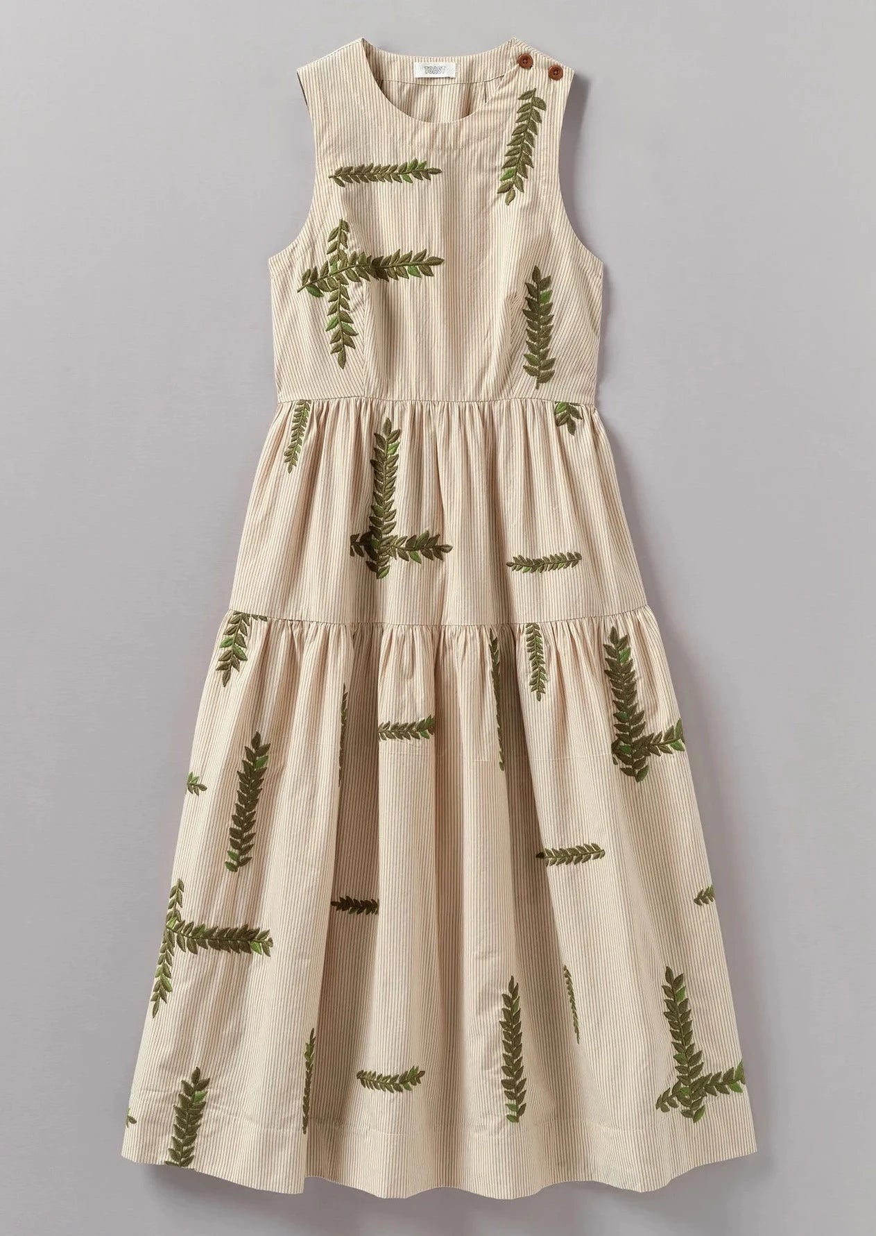 Leaf Embroidered Stripe Poplin Dress, Garden Leaf