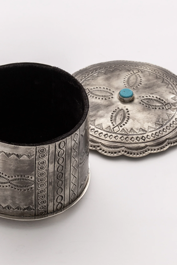 Stamped Round Box with Turquoise and Lid