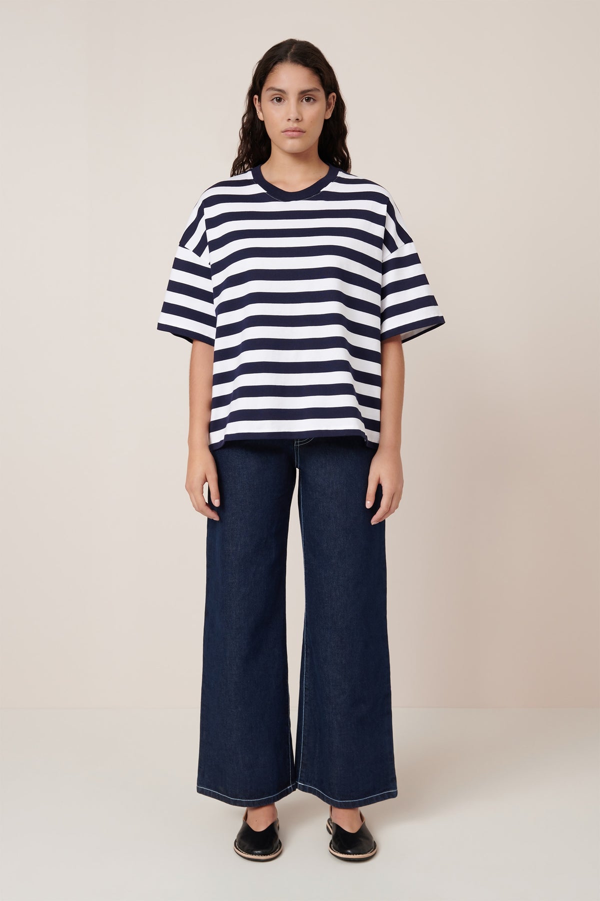 Oversized Boxy Tee, Navy White Stripe