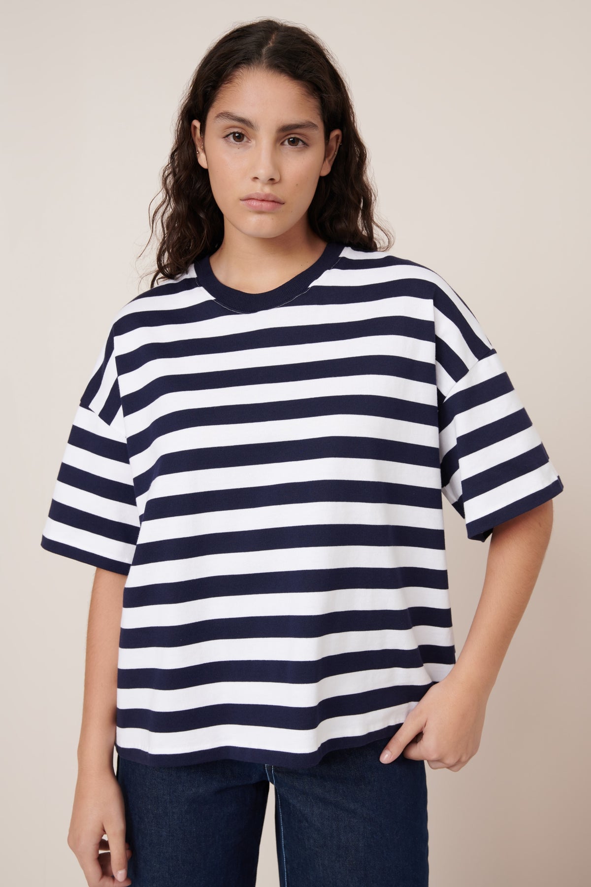 Oversized Boxy Tee, Navy White Stripe