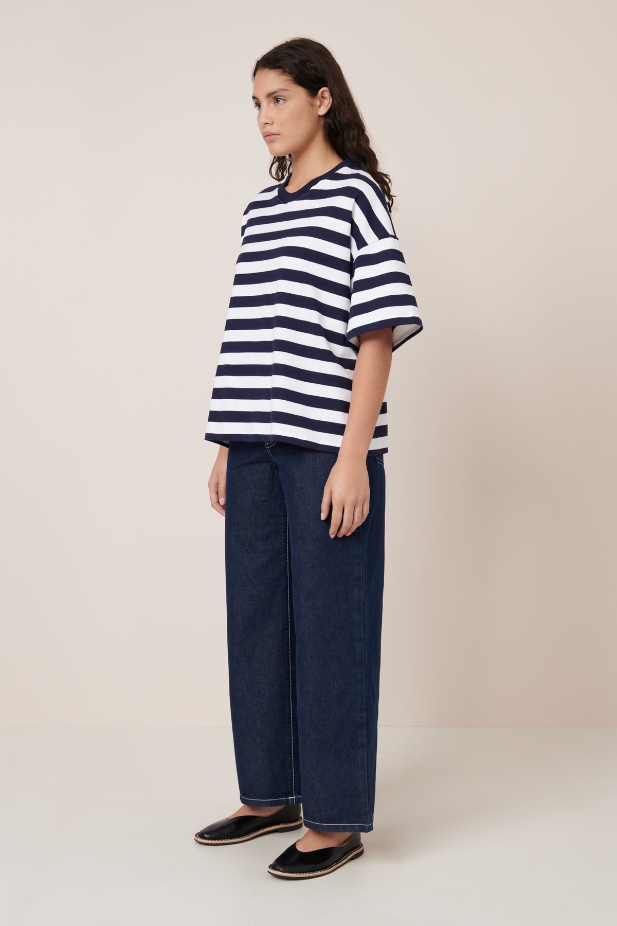 Oversized Boxy Tee, Navy White Stripe