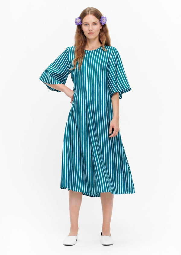 Marimekko Bell Sleeved A-Line Dress with Turquoise Vertical Stripes 
