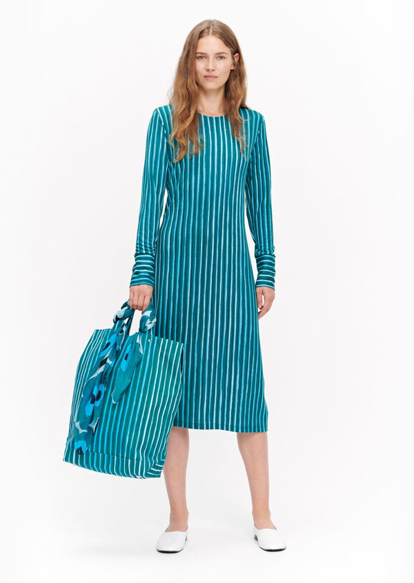 Marimekko Turquoise A-line Vertical Striped Long Sleeved Marimekko Dress Aihelma Ristipiccolo 