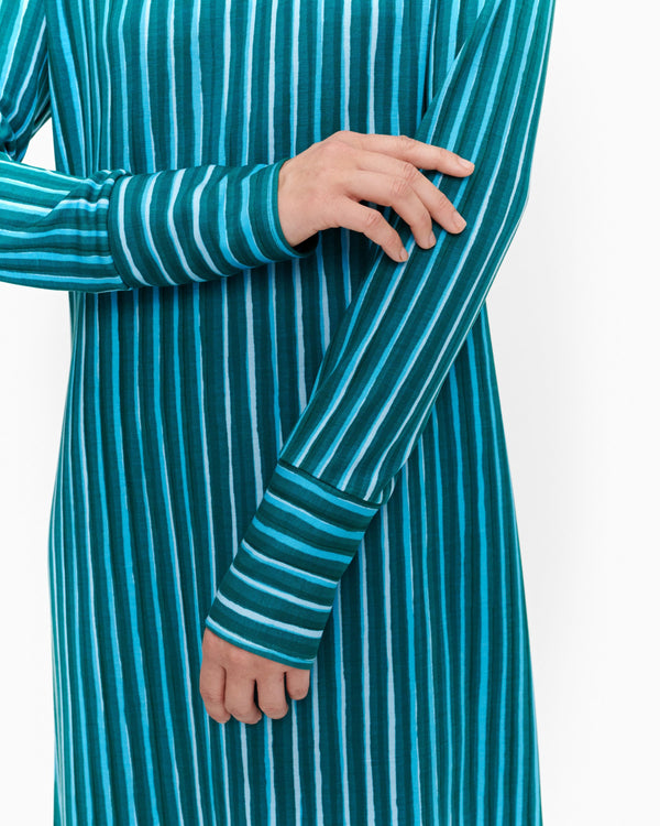 Turquoise A-line Vertical Striped Long Sleeved Marimekko Dress 