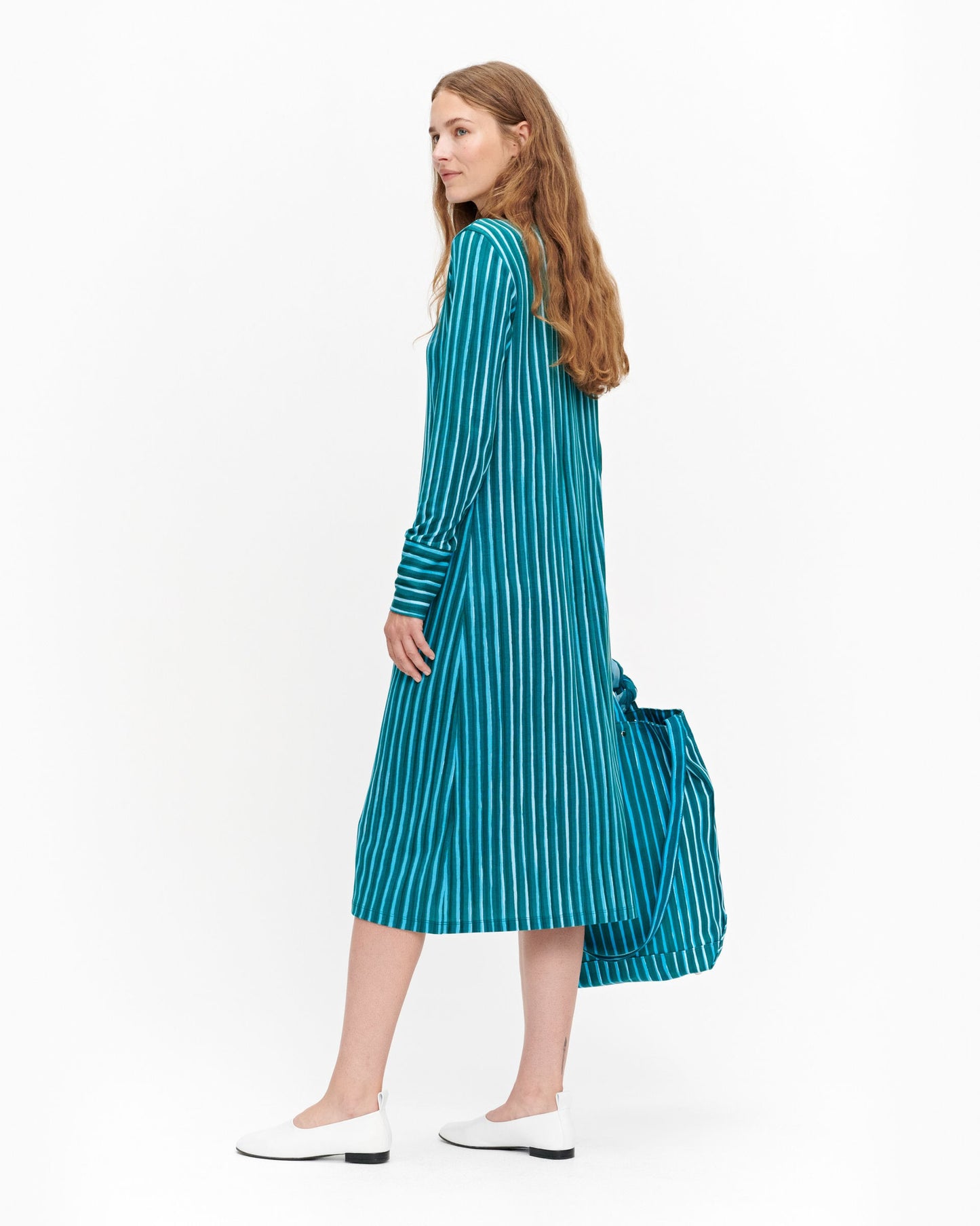 Turquoise A-line Vertical Striped Long Sleeved Marimekko Dress 