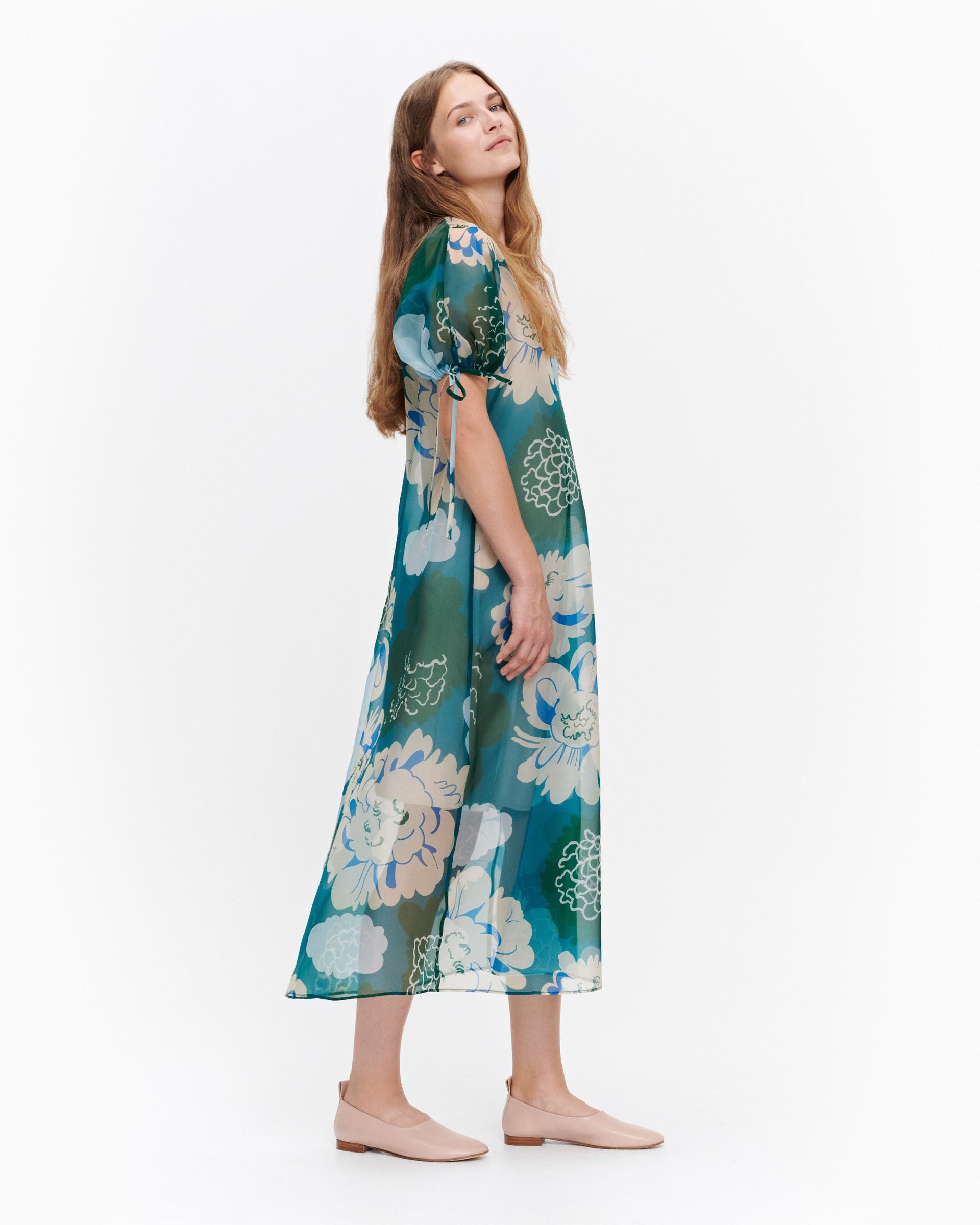 Marimekko Green, turquoise Floral A-Line Organza Dress 