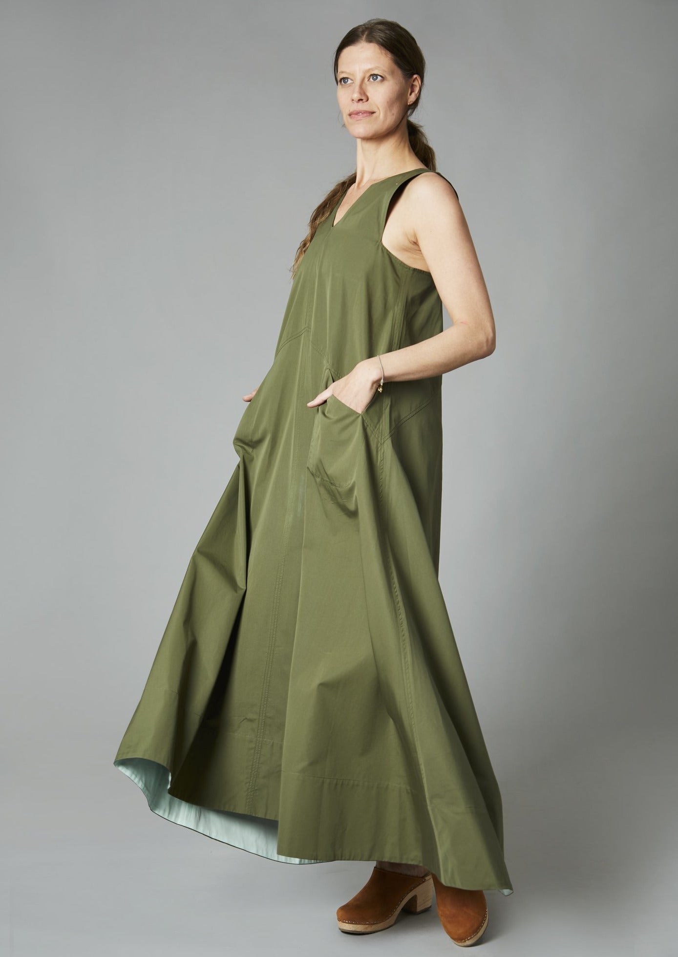 Garment Dyed Long Dress with Contrast Hem, Rocky Moss