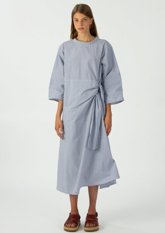 Sofie D'Hoore Blue and White Cotton Poplin Side Tie Dui Dress 