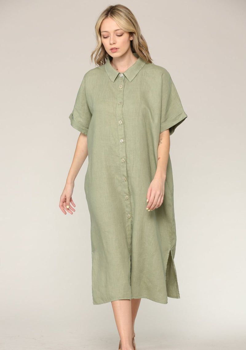 Alexa Linen Shirt Dress, Dusty Olive
