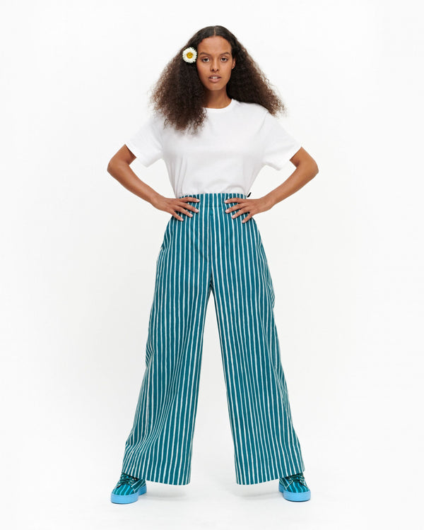 Marimekko Wide leg cotton poplin striped pant trouser with elastic waist Kavuta Ristipiccolo Turquoise Teal Striped
