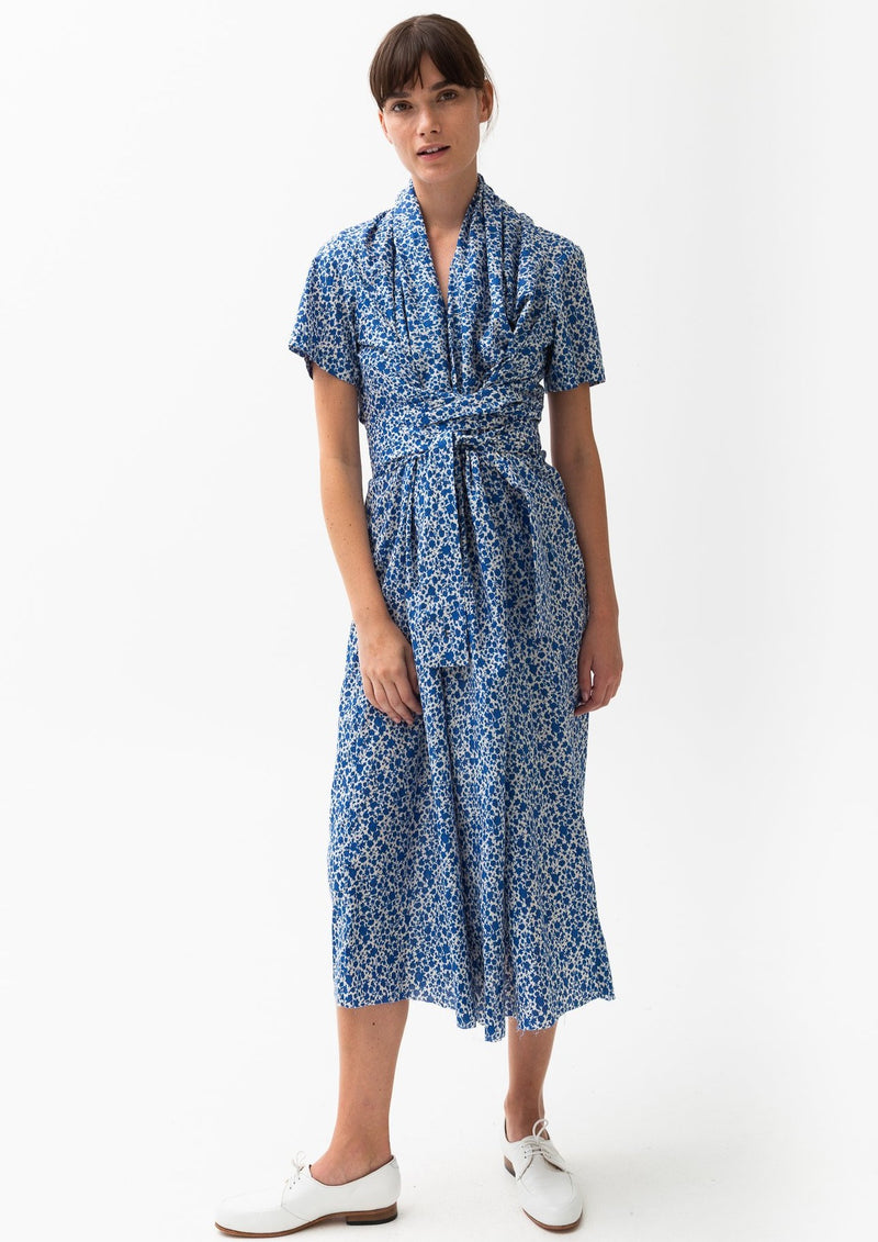Caron Callahan Jocelyn Dress Blue Floral Print Shawl Collar Kimono