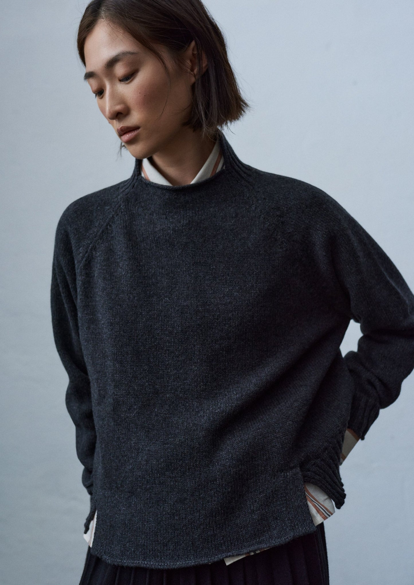 Wool & Cashmere Asymmetric Neck Sweater, Anthracite