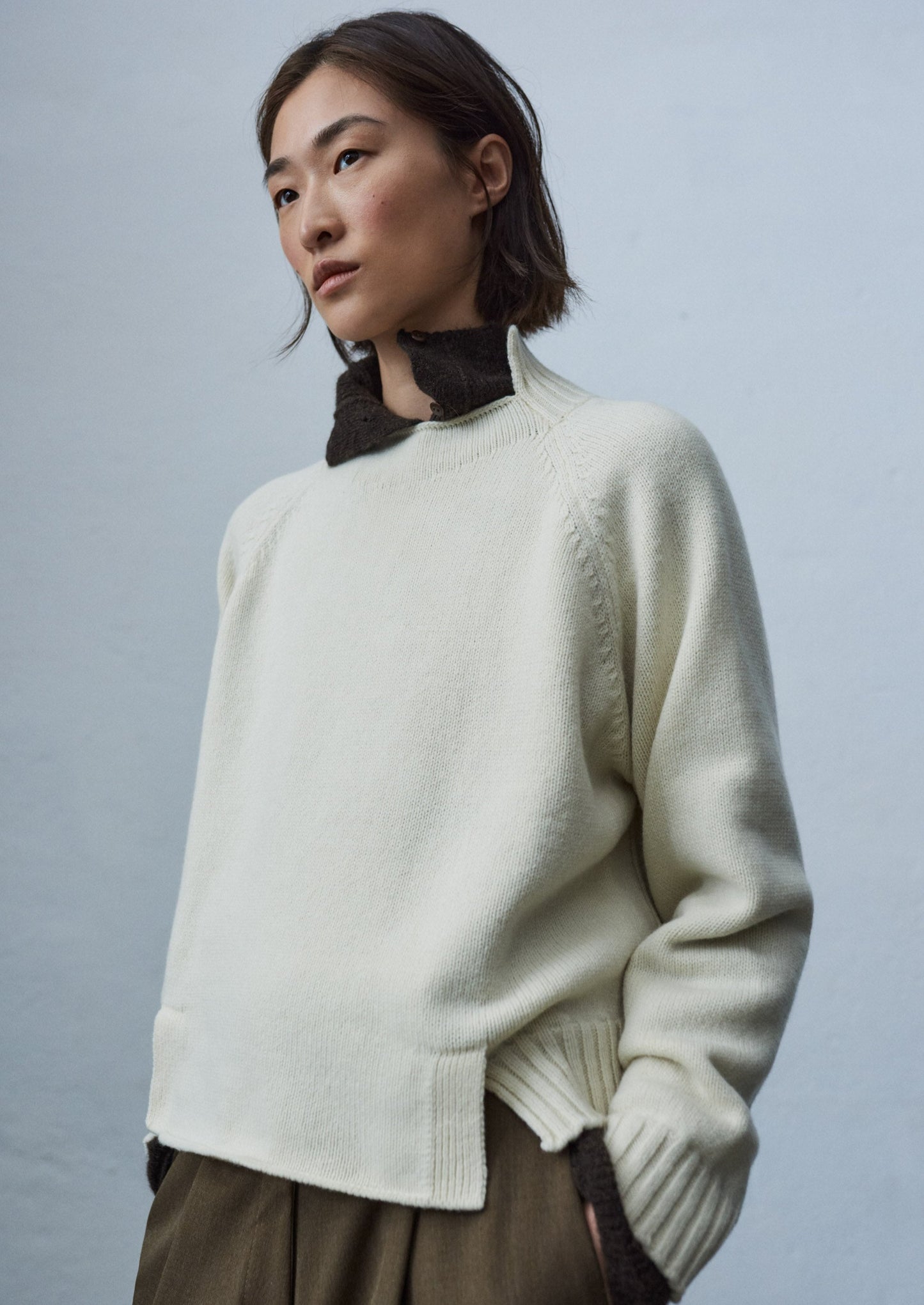 Wool & Cashmere Asymmetric Neck Sweater, Natural