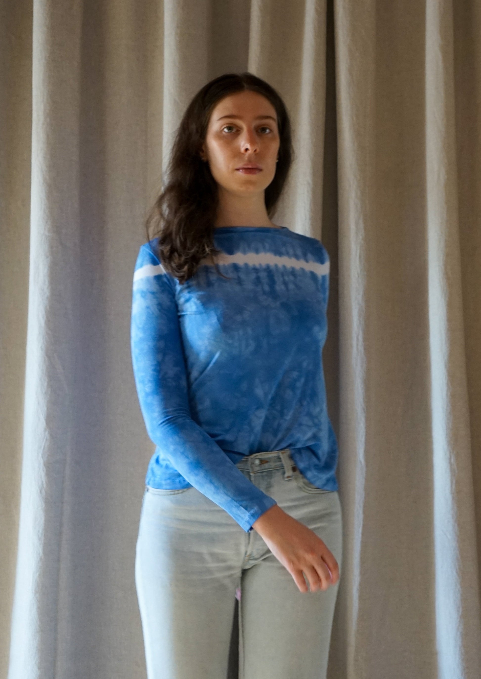 Annie Turbin Tie Dye Hand Dyed Natural Dye Long Sleeve Relaxed Boat Neck Tee Shirt Organic Cotton