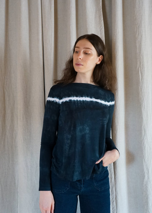 Annie Turbin Indigo Black and White Natural Dye boat neck tee shirt long sleeved 