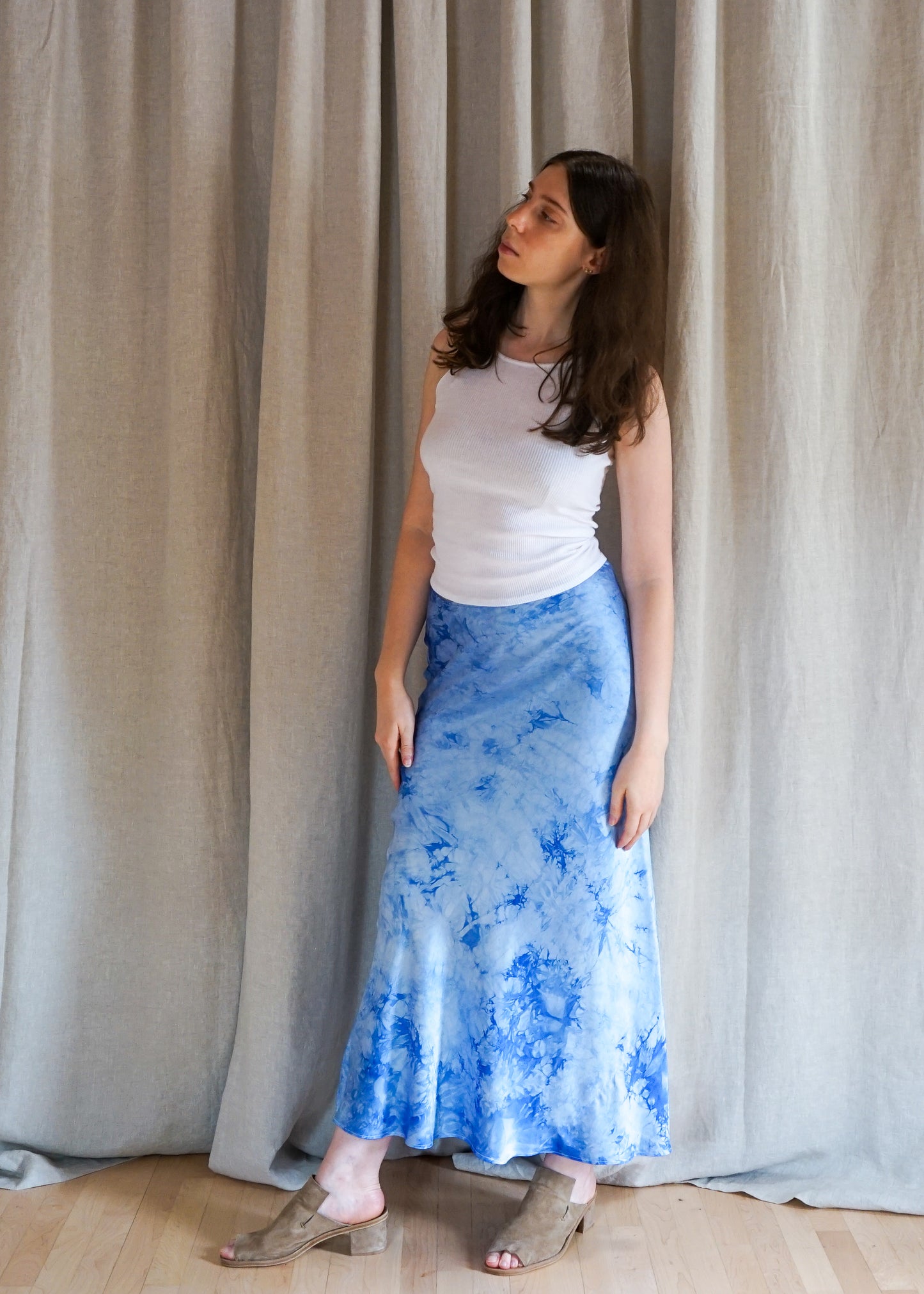 Silk Bias Skirt, Light Blue Crystal Wash