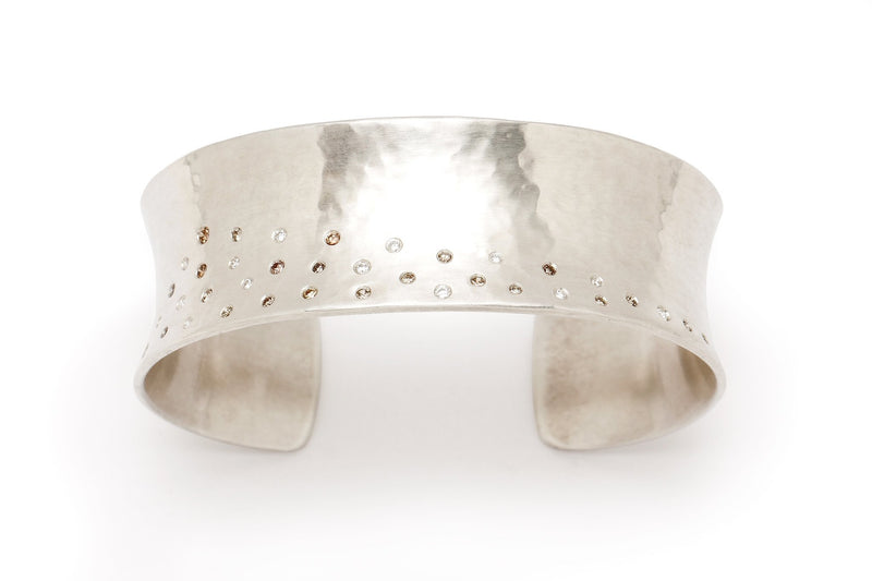Tony Malmed, contemporary jewelry, sterling silver, recycled metals, champagne and white diamonds, snow drift, fine jewelry, cuff bracelet, conflict-free, handmade, hammered finish, santa fe style