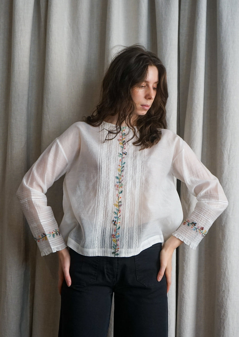 EKA Bellium White Top Blouse Shirt Embroidered Cotton Silk Handloomed Made in India Eka Handmade Linen Clothing Sustainable Fashion Comfortable Summer Dresses Indian Clothing On Sale 