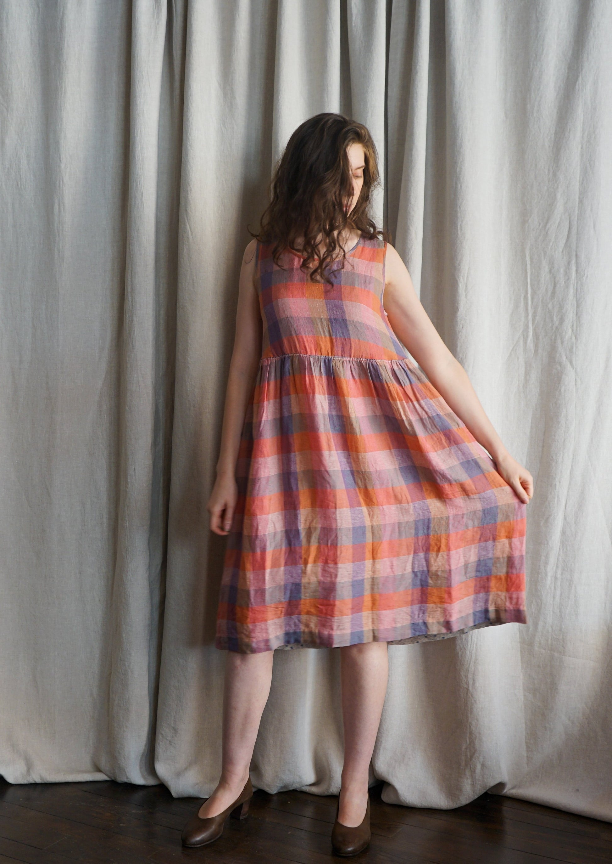 EKA Florence Dress Linen Plaid Check Handloomed Made in India