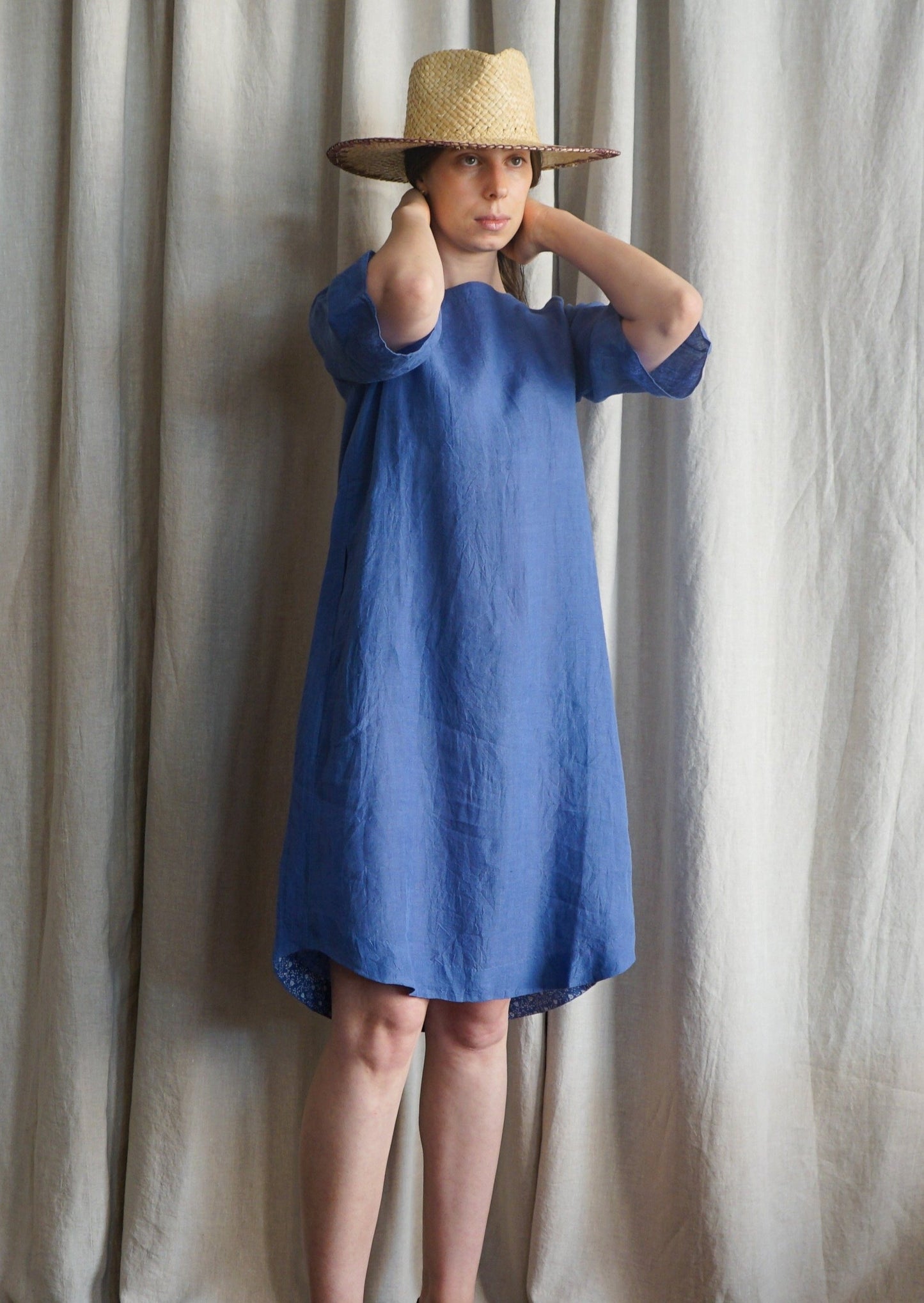 EKA Linen Mia Shift Dress Blue Multi Check Plaid Handloomed Made in India