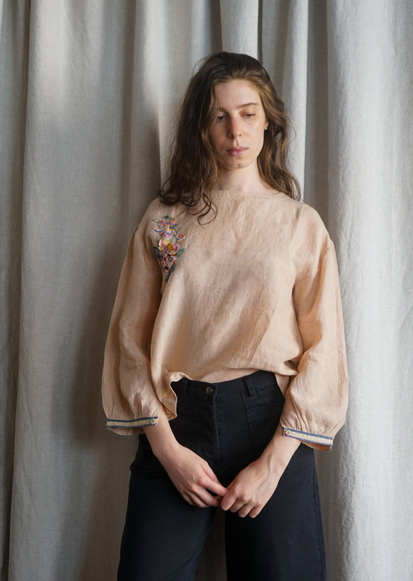 PALM PEACH LINEN EKA TOP WITH HAND EMBROIDERED DETAIL Handloomed Made in India
