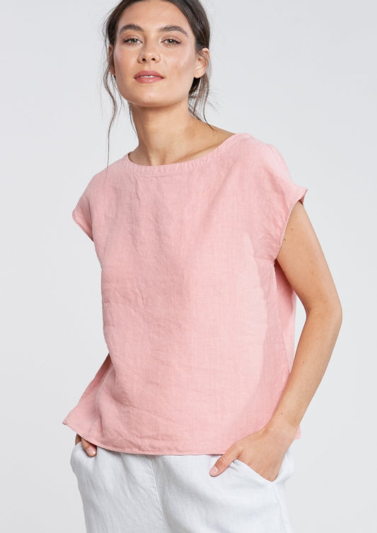 Filosofia Linen Hazel Crop Top Pink Peach Camelia  Ink Opal Blue