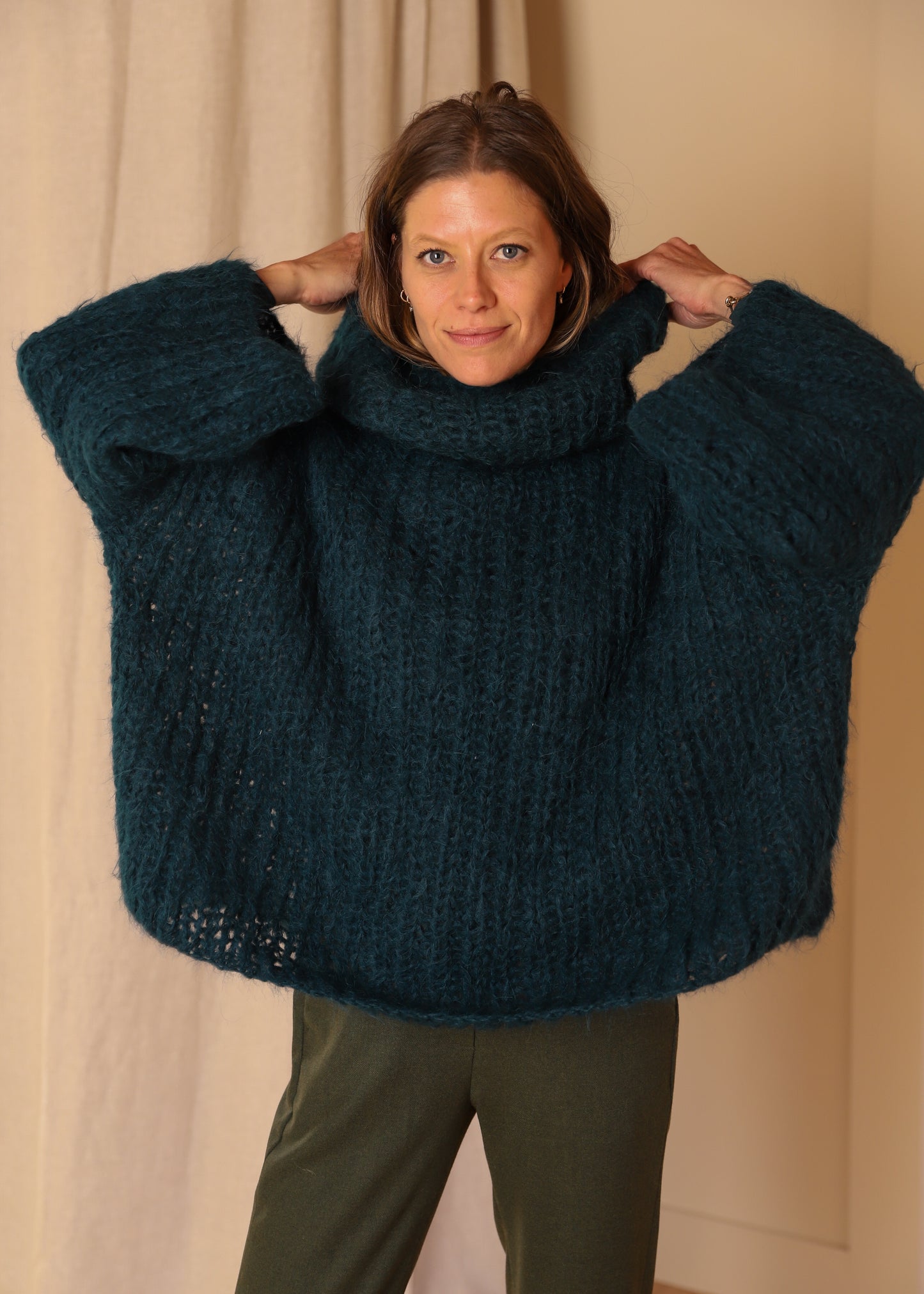 Funnel Neck Handknit Brioche Sweater