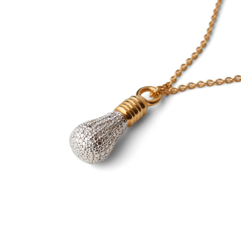 Graduation Gift Joan Hornig Lightbulb necklace with pave white diamonds and 18k gold vermeil