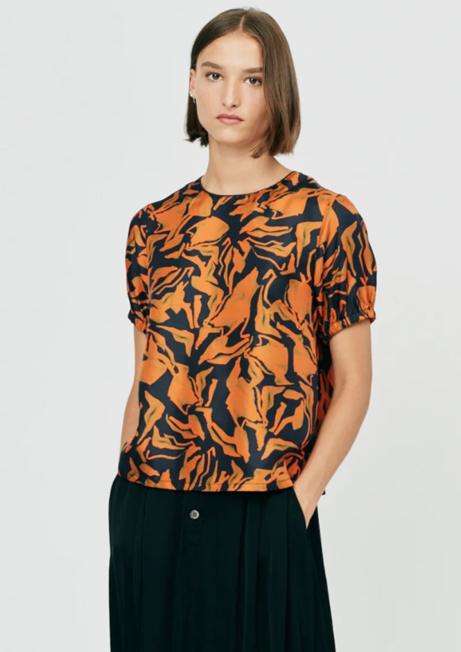 Painted Abstract Forest Vibrations Silk Print Puff Sleeve Blouse